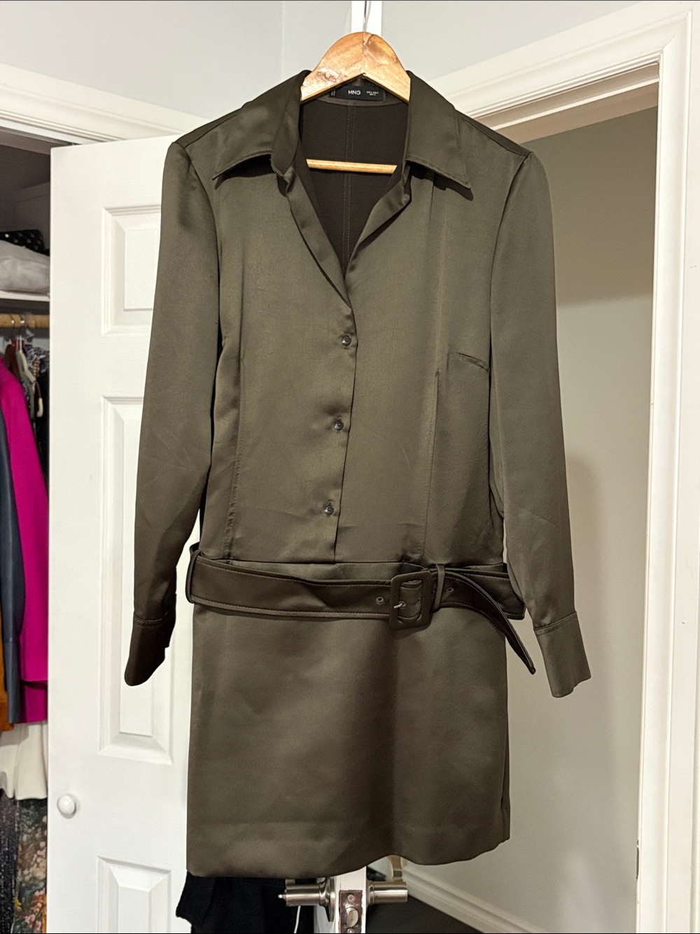 Mango Satin Olive Shirt Dress with Belt